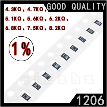100BUC SMD 1206 Chip Rezistor de 1% de Mare Precizie Chip Fixe Rezistență 4.3 4.7 KΩ KΩ 5.1 5.6 KΩ KΩ 6.2 de 6,8 KΩ KΩ 7.5 8.2 KΩ K ohm 0.25 W