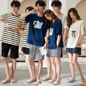 2023 Vară Cuplu Maneca Scurta din Bumbac Pijama Seturi pentru Bărbați coreea de Desene animate Drăguț Sleepwear Costum de Pijama Femei Homewear Haine de Acasă