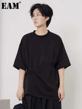 [MEM] Femei Negru Plisată Scurtă de Dimensiuni Mari Casual T-shirt Noi Gât Rotund Maneca Scurta Mareea Moda Primavara-Vara 2023 1DH0130